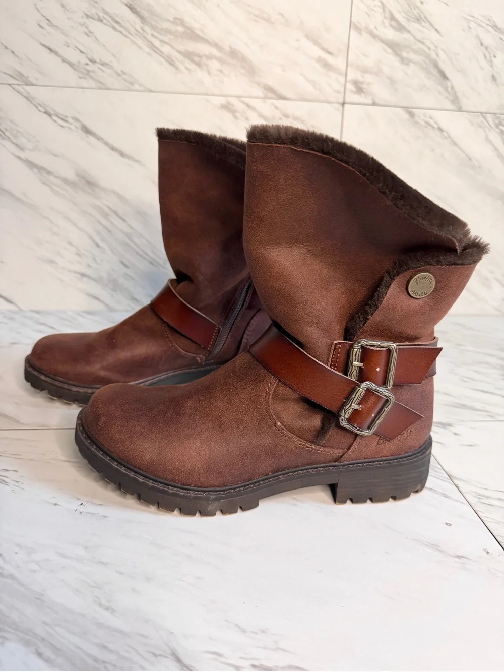 Blowfish Malibu Brown Mid Calf Faux Fur Buckle Boots Womens 7.5 Lug Sole